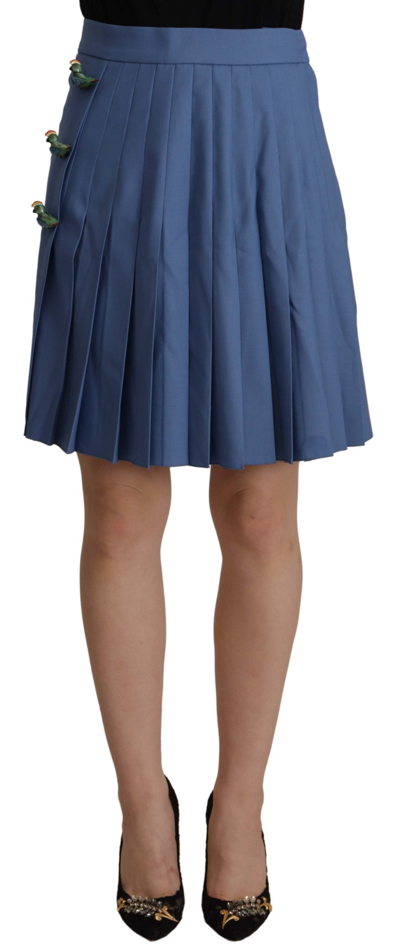 Shop Dolce & Gabbana Blue Embellished Pleated Mini Skirt Wool