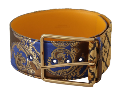 Shop Dolce & Gabbana Blue Floral Patchwork Leather Wide Waist Buckle Belt