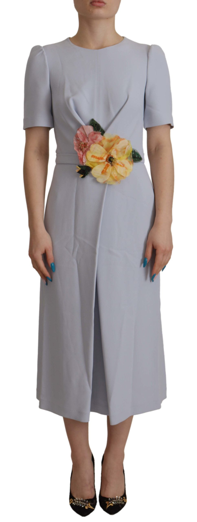 Dolce & Gabbana Blue Floral Applique Midi Viscose Dress In Blue