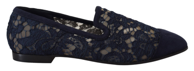 Shop Dolce & Gabbana Blue Floral Lace Slip Ons Loafers Flats Shoes