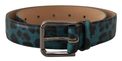 Shop Dolce & Gabbana Blue Green Leopard Print Logo Metal Waist Buckle Belt