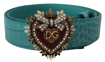 Shop Dolce & Gabbana Blue Leather Gold Devotion Heart Buckle Belt