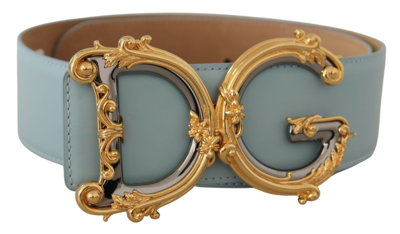 Shop Dolce & Gabbana Blue Leather Wide Waist Dg Logo Baroque Gold Buckle Belt
