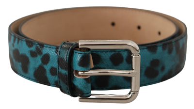 Shop Dolce & Gabbana Blue Leopard Print Leather Logo Metal Buckle Belt