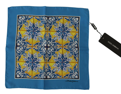 Shop Dolce & Gabbana Blue Majolica Pattern Square Handkerchief Scarf