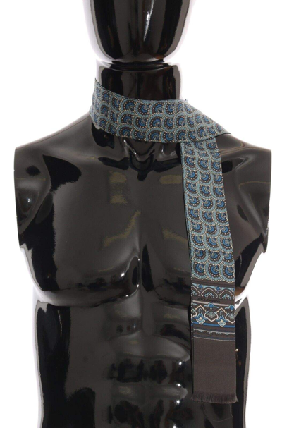 Shop Dolce & Gabbana Blue Patterned Silk Slim Wrap Fringes Scarf
