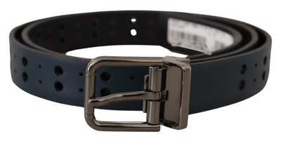 Shop Dolce & Gabbana Blue Perforated Skinny Leather Metal Buckle Belt