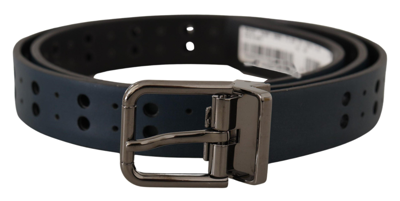 Dolce & Gabbana Blue Perforated Skinny Leather Metal Buckle Belt In Blue