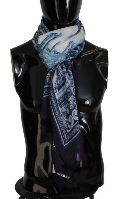 Shop Dolce & Gabbana Blue Printed  Neck Wrap Shawl Scarf