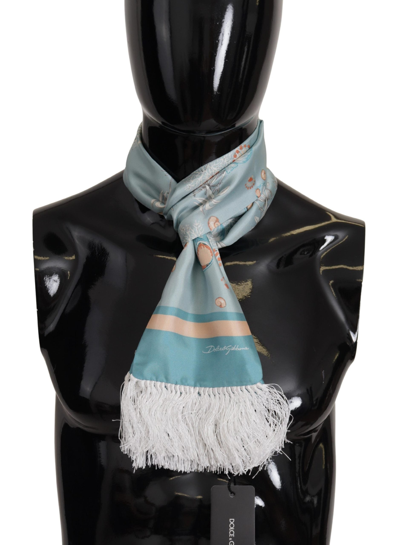Dolce & Gabbana Blue Silk Shiny Shell-print Neck Wrap Fringed Scarf In Blue