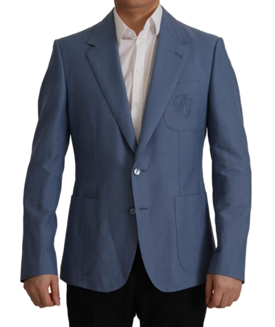 Shop Dolce & Gabbana Blue Single Breasted Logo Blazer Jacket