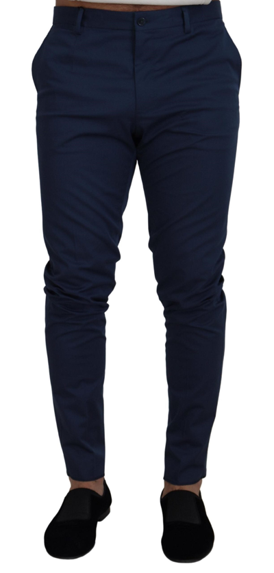Shop Dolce & Gabbana Blue Stretch Cotton Slim Trousers Chinos Pants
