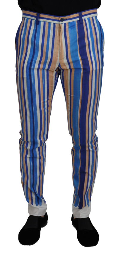 Shop Dolce & Gabbana Blue Striped Silk Cotton Slim Trousers Pants