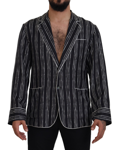 Shop Dolce & Gabbana Blue Striped Silk Pajama Shirt Jacket