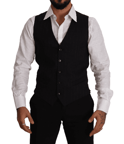 Shop Dolce & Gabbana Blue Striped Wool Stretch Waistcoat Vest
