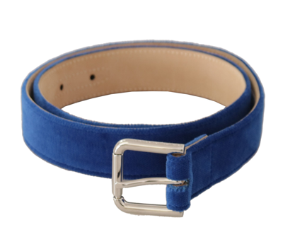 Shop Dolce & Gabbana Blue Velvet Silver Logo Engraved Metal Buckle Belt