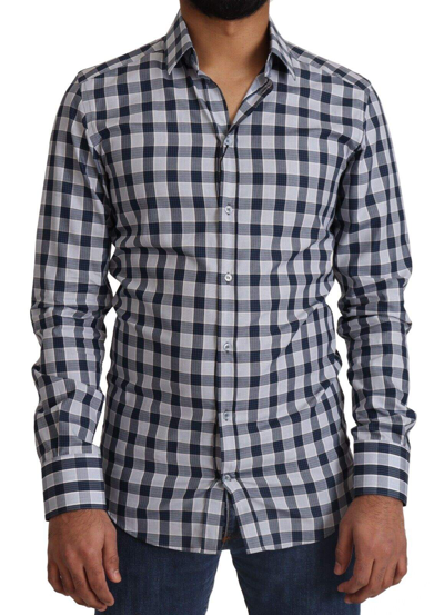 Shop Dolce & Gabbana Blue White Check Cotton Slim Fit Gold Shirt In Blue And White