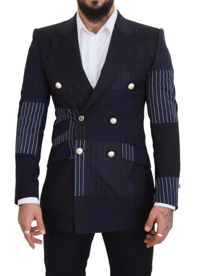 Shop Dolce & Gabbana Blue Wool Patchwork Double Breasted Blazer In Navy Blue