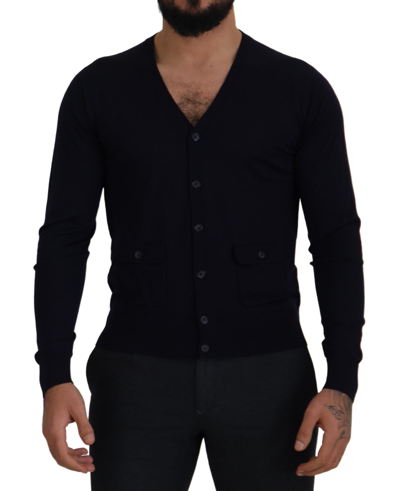 Dolce & Gabbana Blue Wool Staff Down Cardigan Sweater In Blue