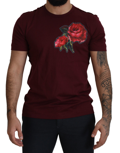 Shop Dolce & Gabbana Bordeaux Roses Cotton Crewneck T-shirt