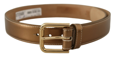 Shop Dolce & Gabbana Bronze Calf Leather Gold Logo Waist Buckle Belt