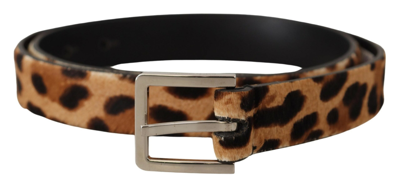 Shop Dolce & Gabbana Brown Calf Fur Leopard Print Skinny Logo Buckle Belt