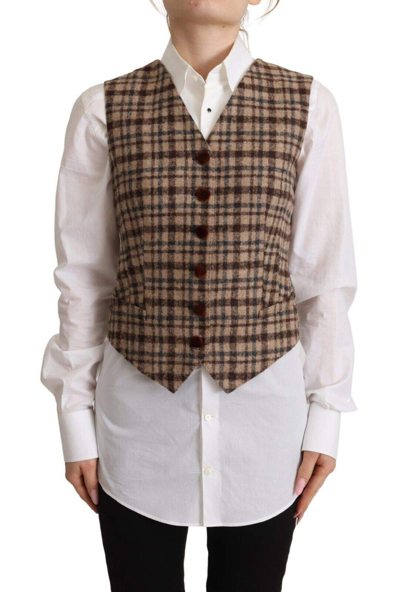 Shop Dolce & Gabbana Brown Checkered Leopard V-neck Sleeveless Vest Top