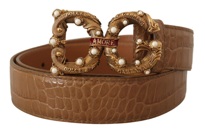 Dolce & Gabbana Brown Crocodile Pattern Leather Logo Amore  Belt In Brown