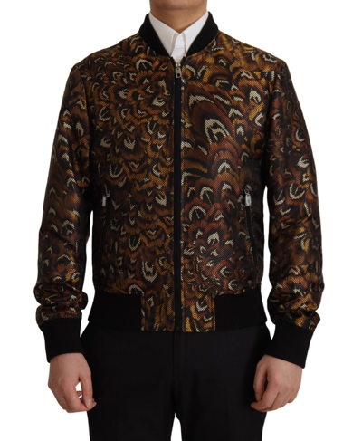 Shop Dolce & Gabbana Brown Feather Full Zip Blouson Jacket