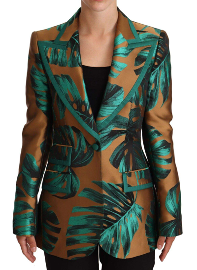 Shop Dolce & Gabbana Brown Green Leaf Jacquard Coat Jacket