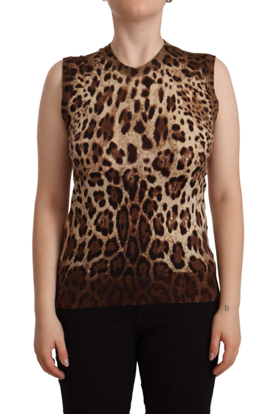 Shop Dolce & Gabbana Brown Leopard Cashmere Silk Tank Blouse Top