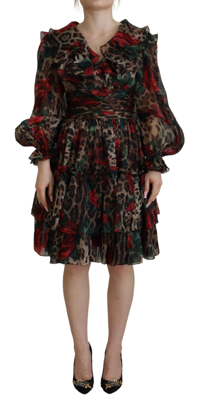 Shop Dolce & Gabbana Brown Leopard Roses Silk Ruffled Gown Dress