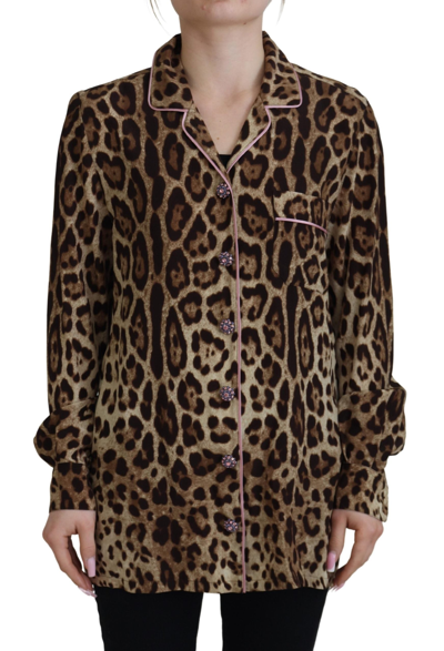 Shop Dolce & Gabbana Brown Leopard Print Long Sleeves Blouse Top