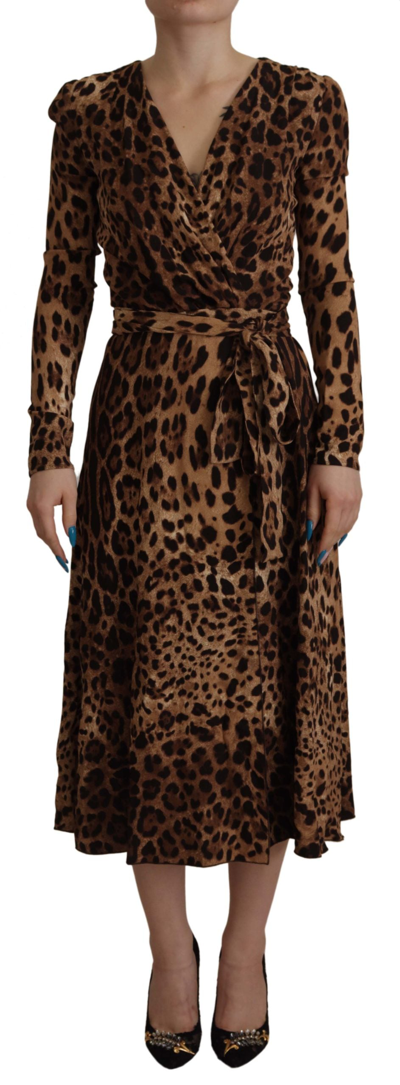 Shop Dolce & Gabbana Brown Leopard Wrap A-line Maxi Viscose Dress