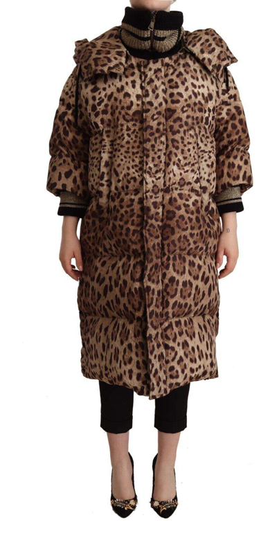Shop Dolce & Gabbana Brown Long Leopard Print Quilted Down Jacket