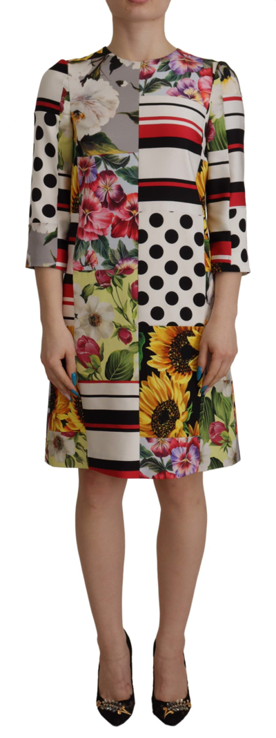 Shop Dolce & Gabbana Charmeuse Floral Sheath Jaquard Pachwork Dress In Multicolor