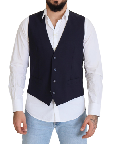 Shop Dolce & Gabbana Dark Blue Wool Stretch Waistcoat Formal Vest