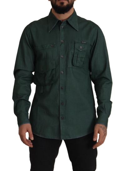Shop Dolce & Gabbana Dark Green Button Down Long Sleeves Shirt