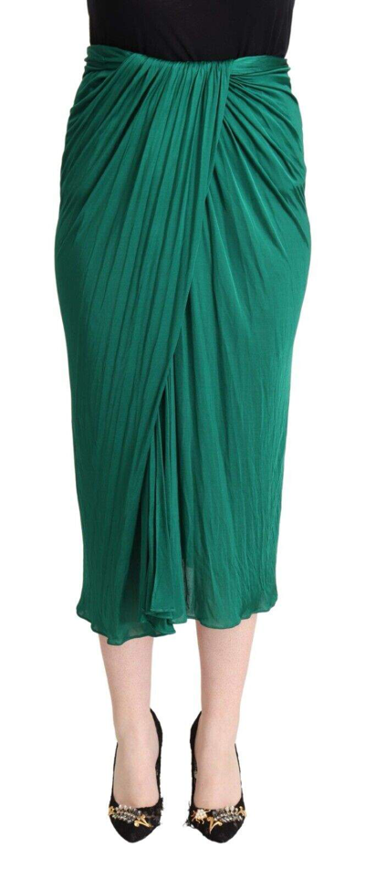 Shop Dolce & Gabbana Dark Green High Waist Midi Pencil Cut Pleated Skirt