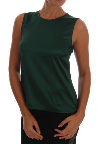 Shop Dolce & Gabbana Dark Green Silk Sleeveless Round Neck Tank Top