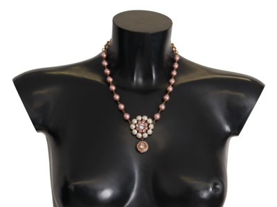 Shop Dolce & Gabbana Gold Brass Crystal Pink Faux Pearl Pendants Necklace In Gold And Pink
