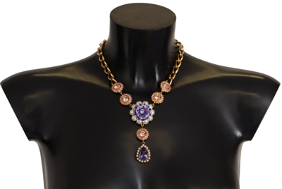 Shop Dolce & Gabbana Gold Brass Crystal Purple Pink Pearl Pendants Necklace