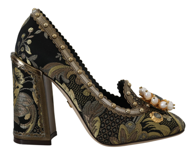 Shop Dolce & Gabbana Gold Crystal Square Toe Brocade Pumps Shoes