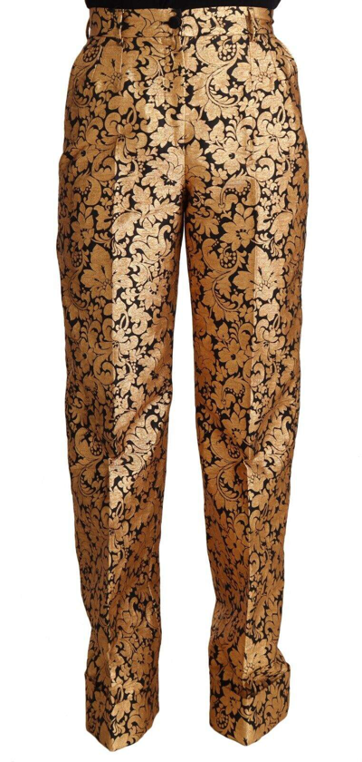 Dolce & Gabbana Gold Floral Jacquard Straight Polyester Pants In Gold