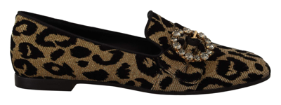 Shop Dolce & Gabbana Gold Leopard Print Crystals Loafers In Brown