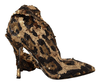 Shop Dolce & Gabbana Gold Leopard Sequins Heels Boots