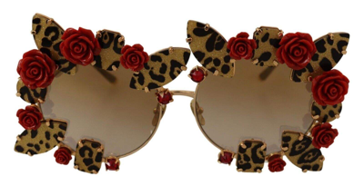 Shop Dolce & Gabbana Gold Metal Frame Roses Embellished Sunglasses