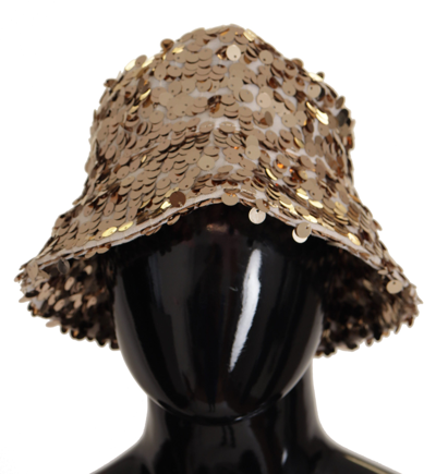 Shop Dolce & Gabbana Gold Silk Sequin Embellished Designer Brim Bucket Hat