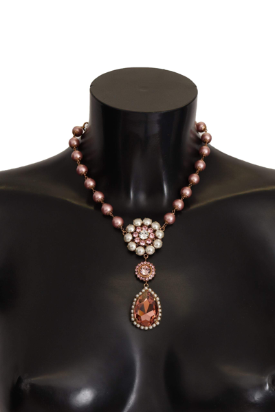 Shop Dolce & Gabbana Gold Tone Brass Pink Beaded Pearls Crystal Pendant Necklace