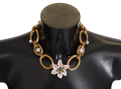 Shop Dolce & Gabbana Gold White Lily Floral Chain Statement Necklace